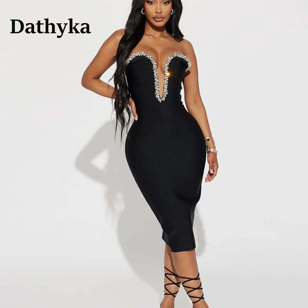 Dathyka Stylish Formal Evening Dress Deep V Neck Sleeveless Rhinestones Zipper Ankle Length Robes De Soiree Prom Gown Customized