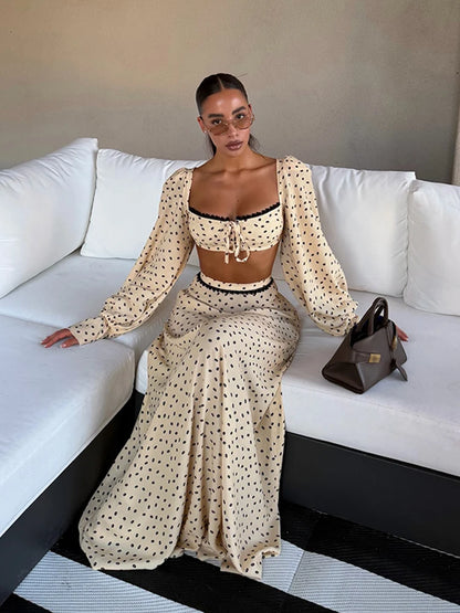 Polka Dot Short Top Long Skirt Lady Set Long Bubble Sleeves Slim Lace up Tops High Waist A-Line Skirt Versatile Women New Sets