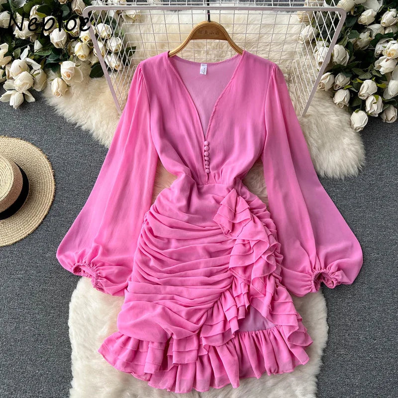Neploe V Neck  Buttons Fishtail Dress High Waist Slim Ruffles Irregular Robe Korean Office Lady Elegant Long Sleeve Vestidos