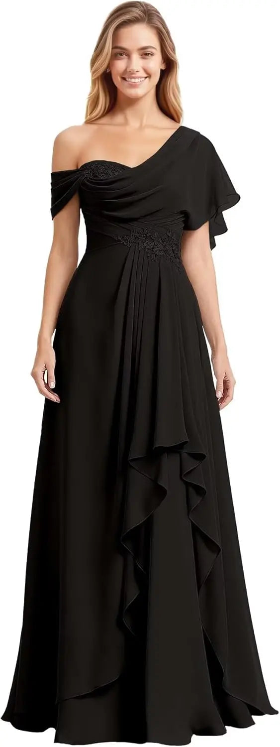 Womens Prom Dresses Off Shoulder Bridesmaid Dress for Wedding Guest 2025 Chiffon Lace Appliques Long Maxi Gowns