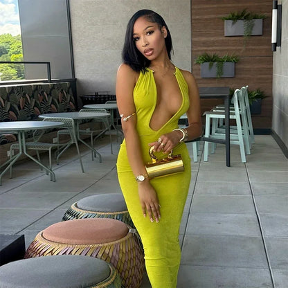Sexy Women Deep V-neck Halter Maxi Dress Chic Solid Sleeveless Slim Fit Bodycon Dresses 2026 New Summer Club Party Evening Robes