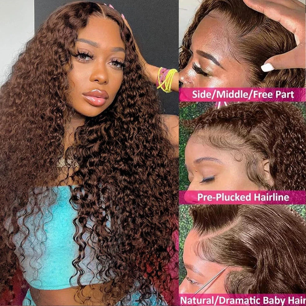 Chocolate Brown Deep Wave Frontal Wig Glueless 100% Human Hair Wig Invisible Strap 360 Full Lace 13x6 13x4 HD Lace Front Wig