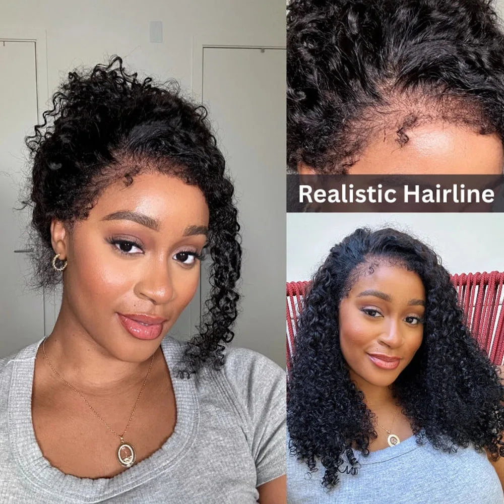 4C Edges Invisible String Snug Fit 360 Full Lace Glueless Frontal Wig With Drawstring Kinky Curly Lace Front 100% Human Hair Wig