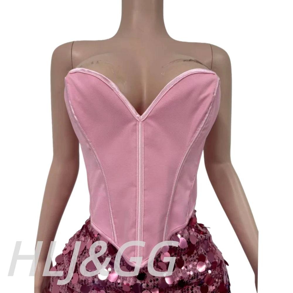 Creysie. Sexy Off Shoulder Corset Vest Two Piece Sets Women Sleeveless Backless Bandage Irregular Top + Sequin Mini Skirts Outfits