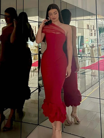 Women Sexy One Shoulder Mesh Mermaid Red Two Pieces Skirt Bandage Set 2025 Celebrity Designer Fashion Women&