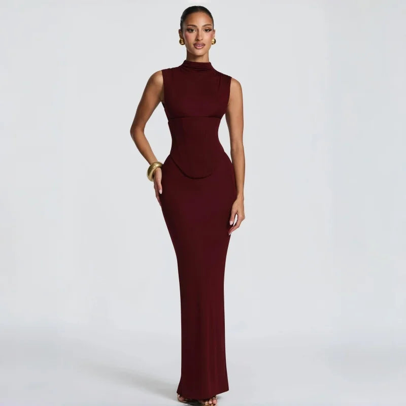 Burgundy High Neck Corset Maxi Dress Sleeveless Bodycon Mermaid Long Dress For Women Sexy Slim Fit Elegant Evening Party Dress