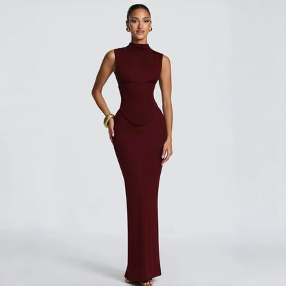 Burgundy High Neck Corset Maxi Dress Sleeveless Bodycon Mermaid Long Dress For Women Sexy Slim Fit Elegant Evening Party Dress