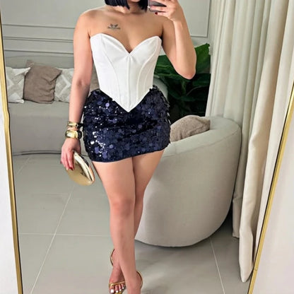 Creysie. Sexy Off Shoulder Corset Vest Two Piece Sets Women Sleeveless Backless Bandage Irregular Top + Sequin Mini Skirts Outfits