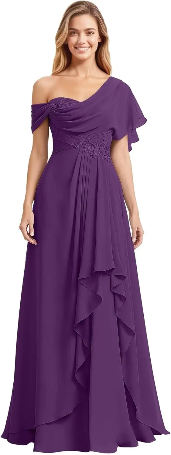 Womens Prom Dresses Off Shoulder Bridesmaid Dress for Wedding Guest 2025 Chiffon Lace Appliques Long Maxi Gowns