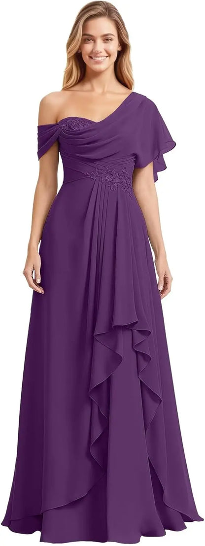 Womens Prom Dresses Off Shoulder Bridesmaid Dress for Wedding Guest 2025 Chiffon Lace Appliques Long Maxi Gowns