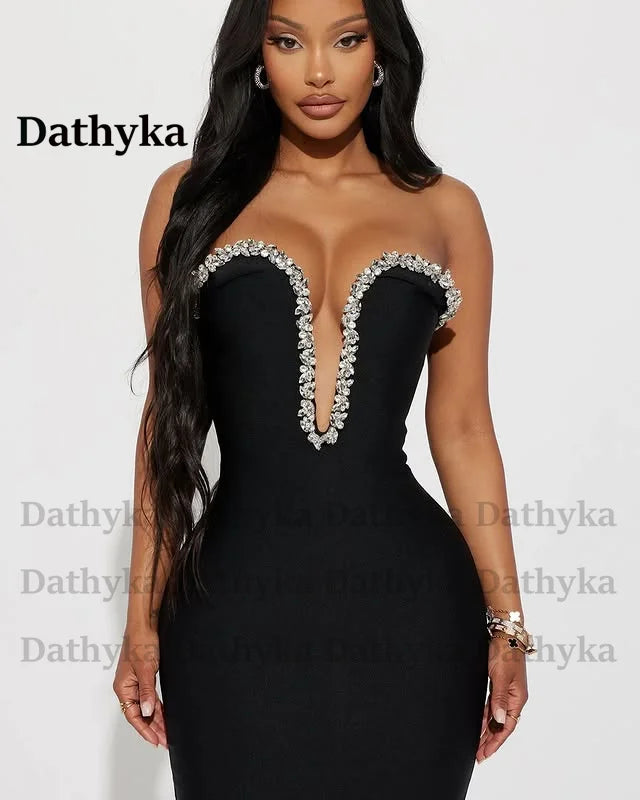 Dathyka Stylish Formal Evening Dress Deep V Neck Sleeveless Rhinestones Zipper Ankle Length Robes De Soiree Prom Gown Customized