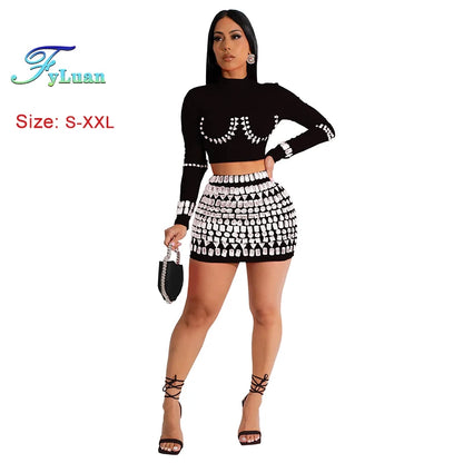 Modern style Women Long Sleeve O Neck Short Top And Sets With Diamonds Street Off Waist Short Skirt Club Vacation Outfits  Sets