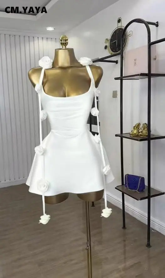 CM.YAYA Women Floral Applique Sleeveless Strap Midi A-line Dress 2025 Summer Holiday Birthday Sexy Club Party Evening Dresses