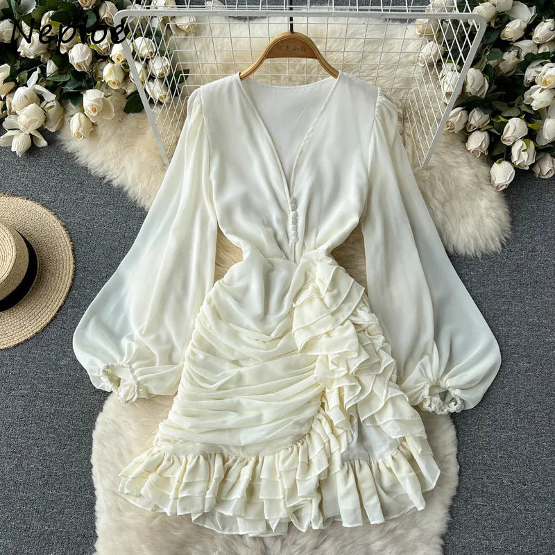 Neploe V Neck  Buttons Fishtail Dress High Waist Slim Ruffles Irregular Robe Korean Office Lady Elegant Long Sleeve Vestidos
