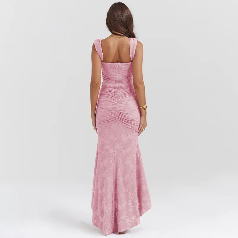 French irregular fishbone skirt jacquard lace waist strap square collar dress pleated fish tail wrapped buttocks fish tail skirt