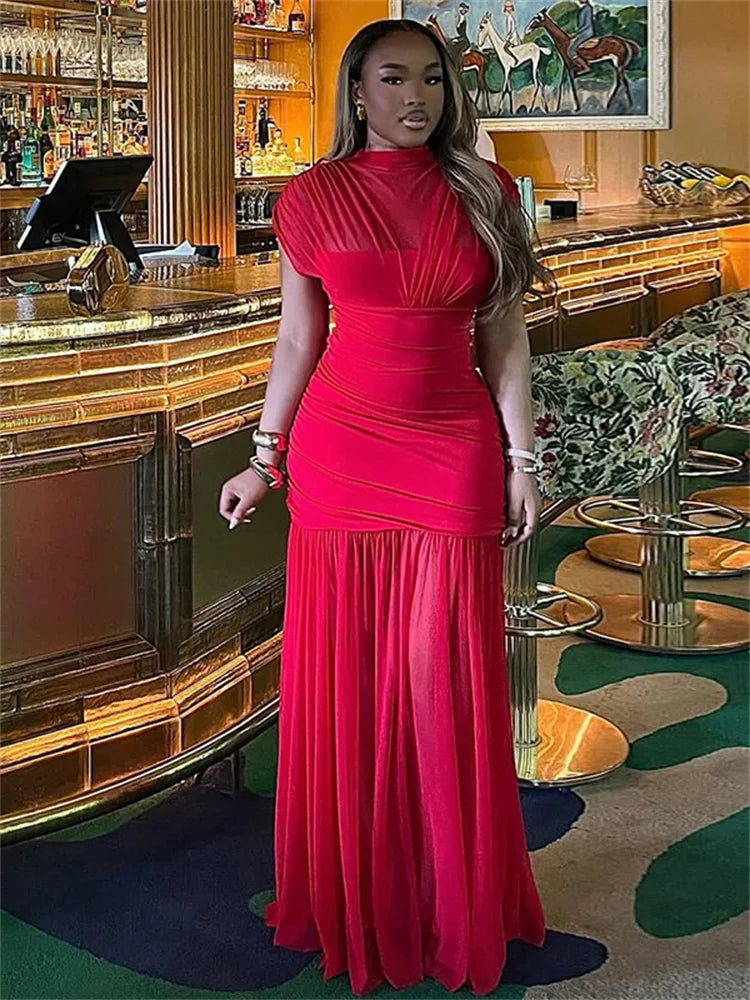 Kliou Mesh Patchwork Dress Woman Turtleneck Sleeveless Skinny High Waist Wrap Hip Midnight Prom Party Ruched Elegant Vestidos