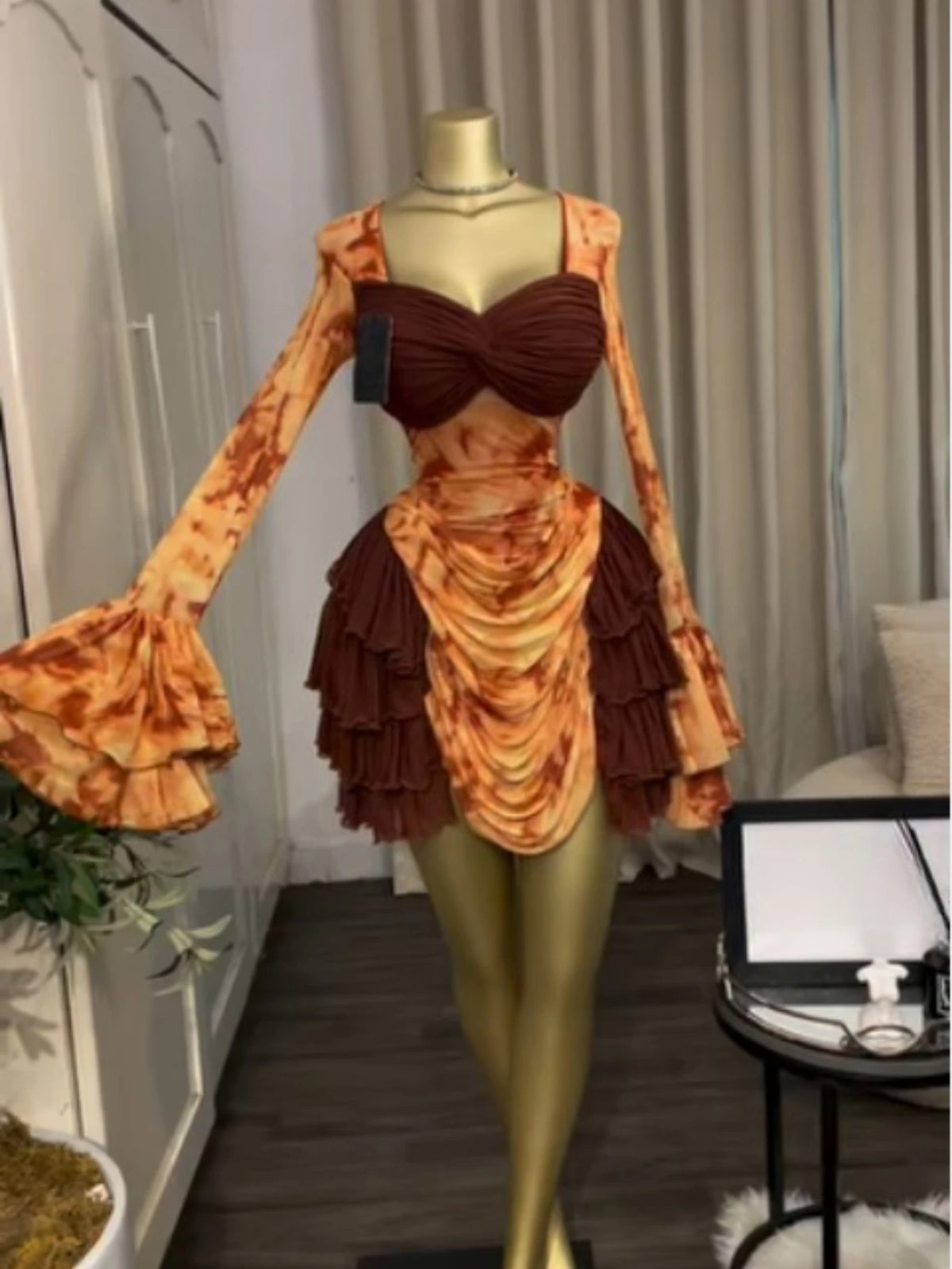 CREYSIE Women Tie Dye Print Ruffles Long Sleeve Bodycon Ruched Draped V-neck Dress 2026 Fall Street Birthday Vacation Dresses