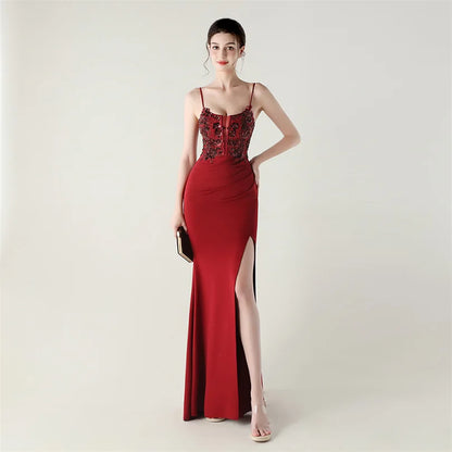 DEERVEADO Elegant Mermaid Strap Soft Satin Evening Dress with Sequins Women&