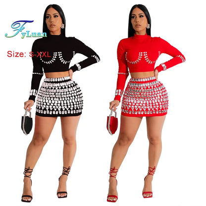 Modern style Women Long Sleeve O Neck Short Top And Sets With Diamonds Street Off Waist Short Skirt Club Vacation Outfits  Sets
