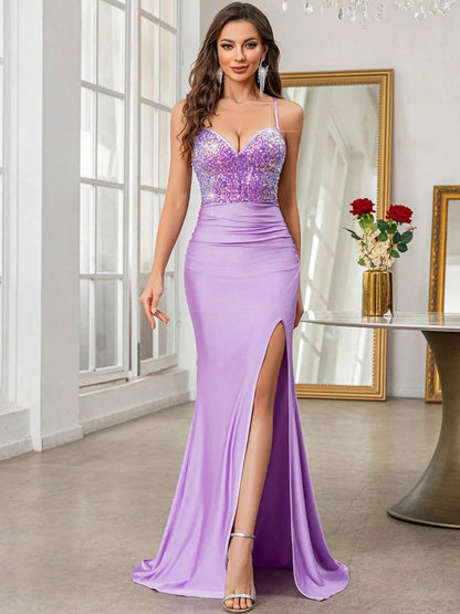Sexy Backless Slim Fit Dress with Camisole Slit and Tight Sequins Lace Up Evening Gown