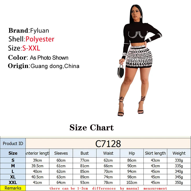 Modern style Women Long Sleeve O Neck Short Top And Sets With Diamonds Street Off Waist Short Skirt Club Vacation Outfits  Sets