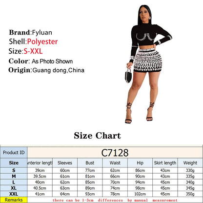 Modern style Women Long Sleeve O Neck Short Top And Sets With Diamonds Street Off Waist Short Skirt Club Vacation Outfits  Sets