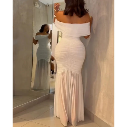 2026 Fashion Women Off Shoulder Ruched Cinched Waist Evening Dress Slim Fit Mermaid Hem Dress for Party Wedding