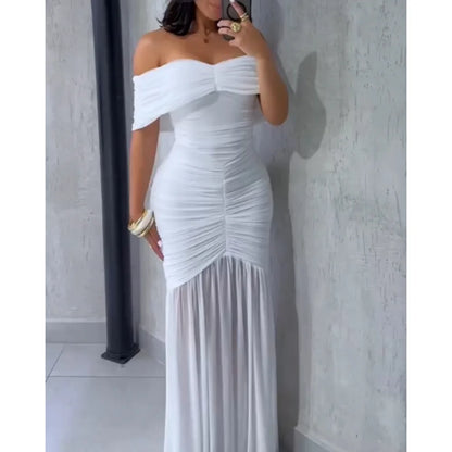 2026 Fashion Women Off Shoulder Ruched Cinched Waist Evening Dress Slim Fit Mermaid Hem Dress for Party Wedding