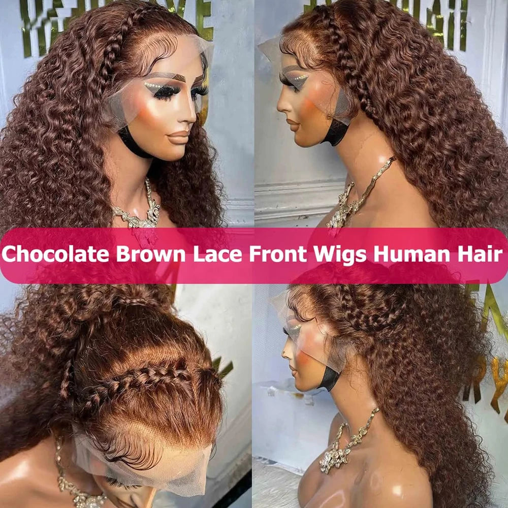Chocolate Brown Deep Wave Frontal Wig Glueless 100% Human Hair Wig Invisible Strap 360 Full Lace 13x6 13x4 HD Lace Front Wig