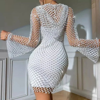 2026 European and American Fishing Nets Flash Diamonds Sexy Hollow V-neck Hooded Long-sleeved Hip-wrapped Dress Women