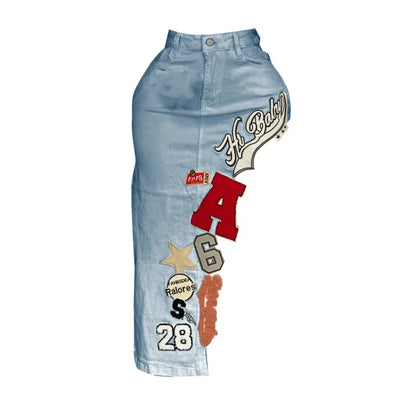 Fashion Embroidery Letter Irregular Skinny Denim Skirts Women High Waisted Button Pocket Cowboy Bottoms Female Streetwear