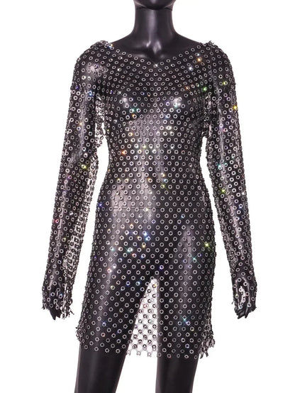 2026 European and American Fishing Nets Flash Diamonds Sexy Hollow V-neck Hooded Long-sleeved Hip-wrapped Dress Women