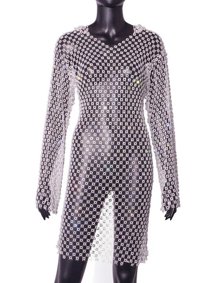 2026 European and American Fishing Nets Flash Diamonds Sexy Hollow V-neck Hooded Long-sleeved Hip-wrapped Dress Women
