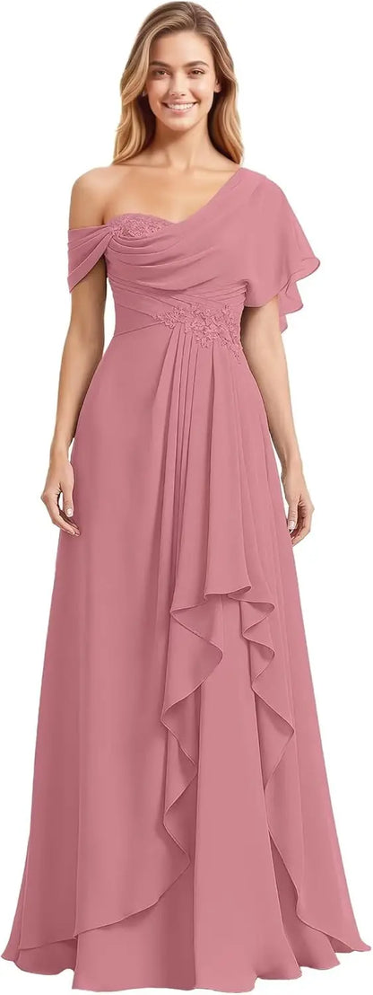 Womens Prom Dresses Off Shoulder Bridesmaid Dress for Wedding Guest 2025 Chiffon Lace Appliques Long Maxi Gowns