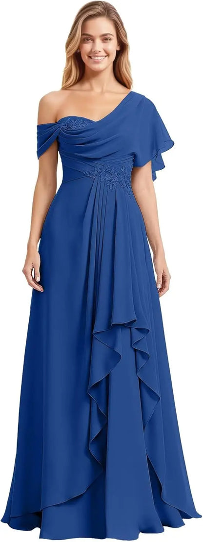 Womens Prom Dresses Off Shoulder Bridesmaid Dress for Wedding Guest 2025 Chiffon Lace Appliques Long Maxi Gowns