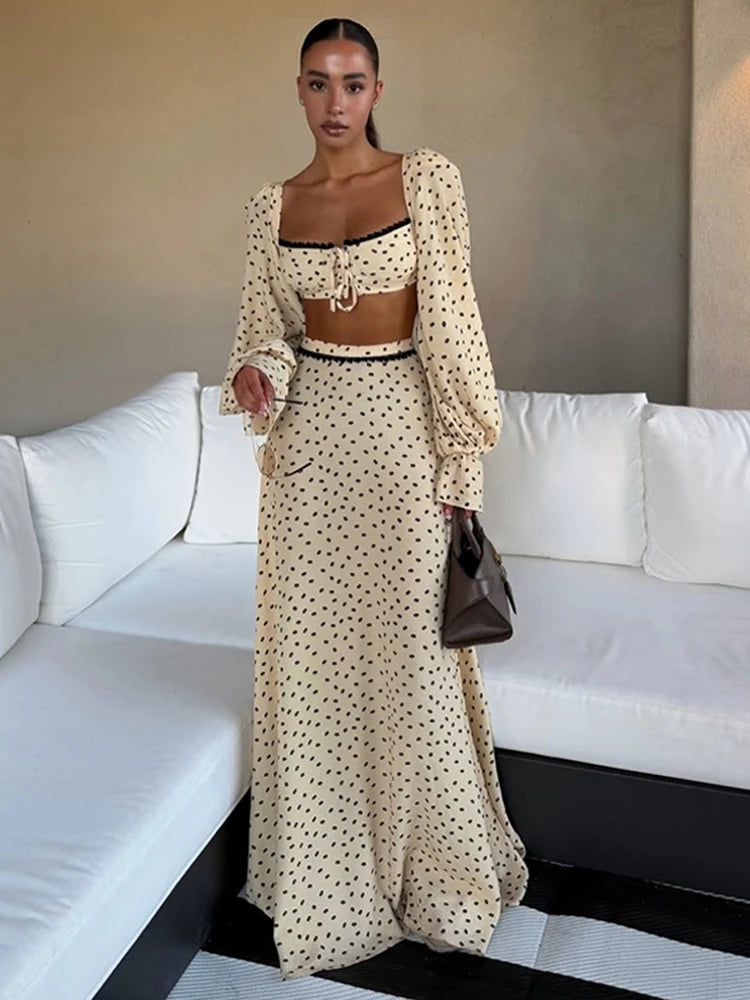 Polka Dot Short Top Long Skirt Lady Set Long Bubble Sleeves Slim Lace up Tops High Waist A-Line Skirt Versatile Women New Sets