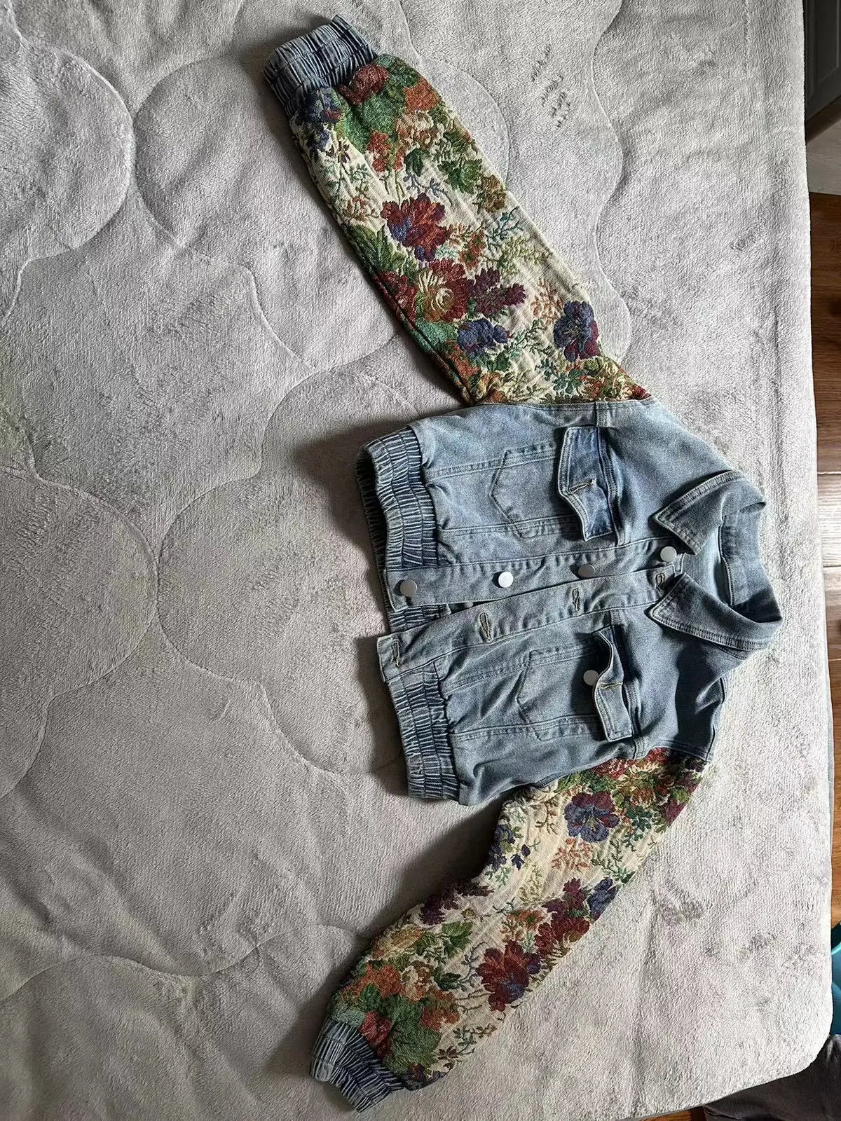 Jeans Suit Women Denim Two Piece Set Short Coat Pants Outfits Hole Trousers Flower Print Turn Down Collar Autumn 2025 Y2k
