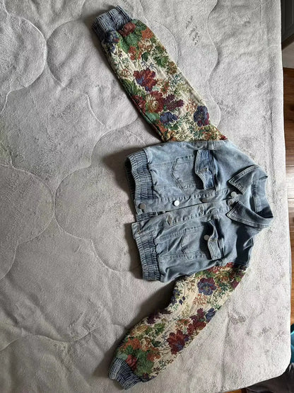 Jeans Suit Women Denim Two Piece Set Short Coat Pants Outfits Hole Trousers Flower Print Turn Down Collar Autumn 2025 Y2k