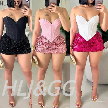 Creysie. Sexy Off Shoulder Corset Vest Two Piece Sets Women Sleeveless Backless Bandage Irregular Top + Sequin Mini Skirts Outfits