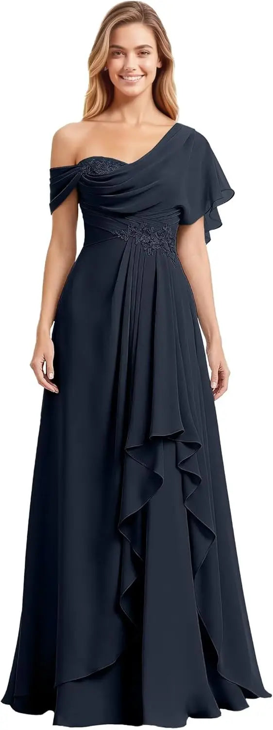 Womens Prom Dresses Off Shoulder Bridesmaid Dress for Wedding Guest 2025 Chiffon Lace Appliques Long Maxi Gowns