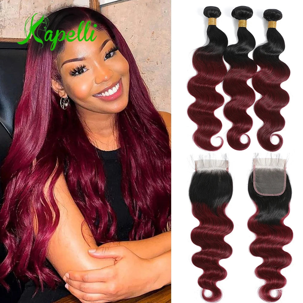 1B99J Body Wave Bundles With Closure Brazilian Human Hair Weave Bundles With 4x4 Lace Closure Hair Extension 3/4 Bundles Remy