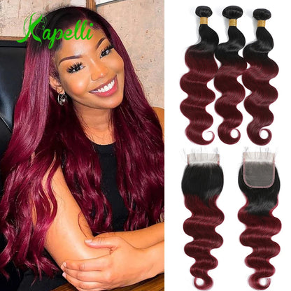 1B99J Body Wave Bundles With Closure Brazilian Human Hair Weave Bundles With 4x4 Lace Closure Hair Extension 3/4 Bundles Remy