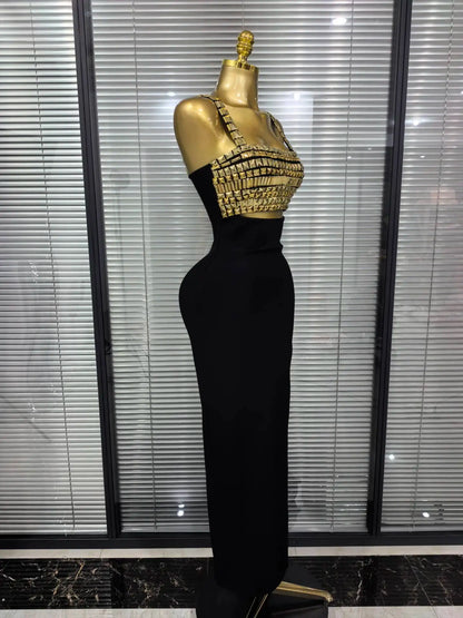 Golden Sequined Women Sleeveless Square Collar Sexy Bodycon Long Bandage Dress Celebrity Red Carpet Fashion Evening Party Dress