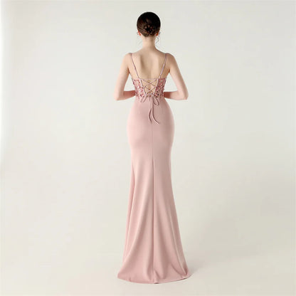 DEERVEADO Elegant Mermaid Strap Soft Satin Evening Dress with Sequins Women&