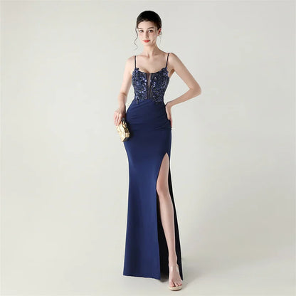 DEERVEADO Elegant Mermaid Strap Soft Satin Evening Dress with Sequins Women&