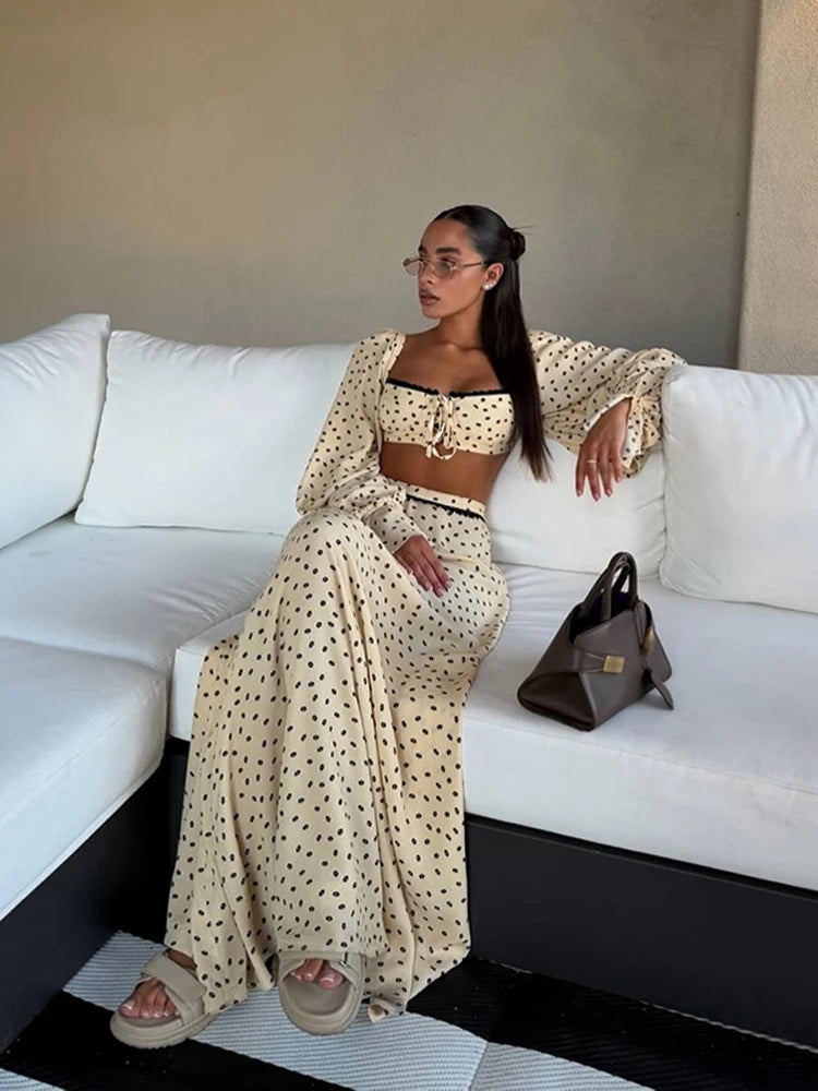 Polka Dot Short Top Long Skirt Lady Set Long Bubble Sleeves Slim Lace up Tops High Waist A-Line Skirt Versatile Women New Sets