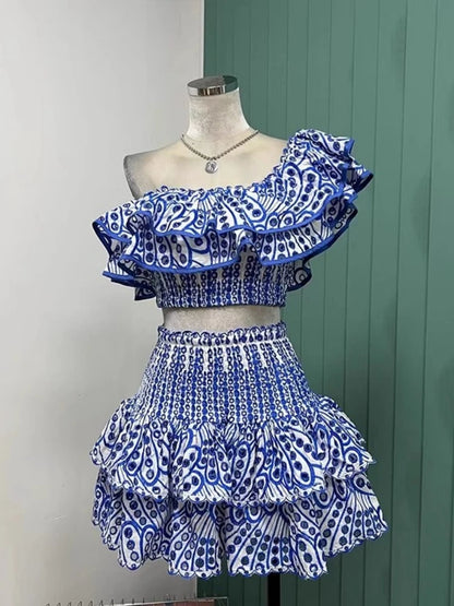 JAMERARY Summer Embroidery 2 Pieces Women Sets Slash Neck Elastic Ruffles Cropped Top + Mini Skirt Suits Hollow Out Outfits