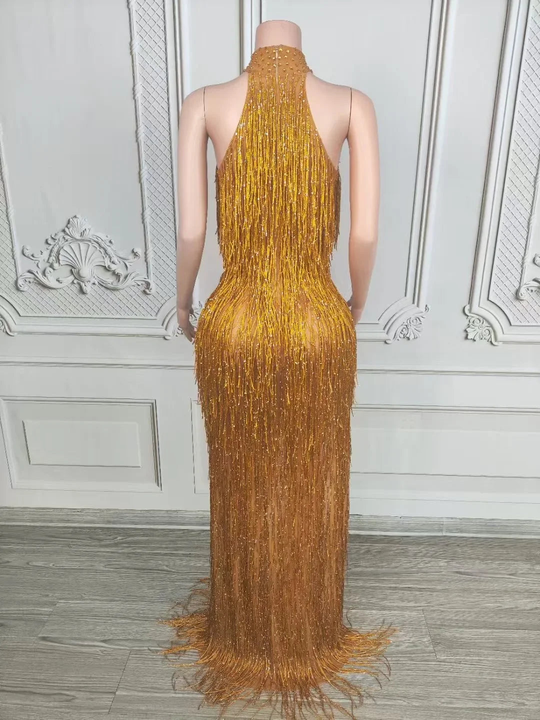 Rhinestones Fringes Long Gold Party Dress Luxury Women Sleeveless Evening Prom Gown Performance Singer Costume Birthday outfit