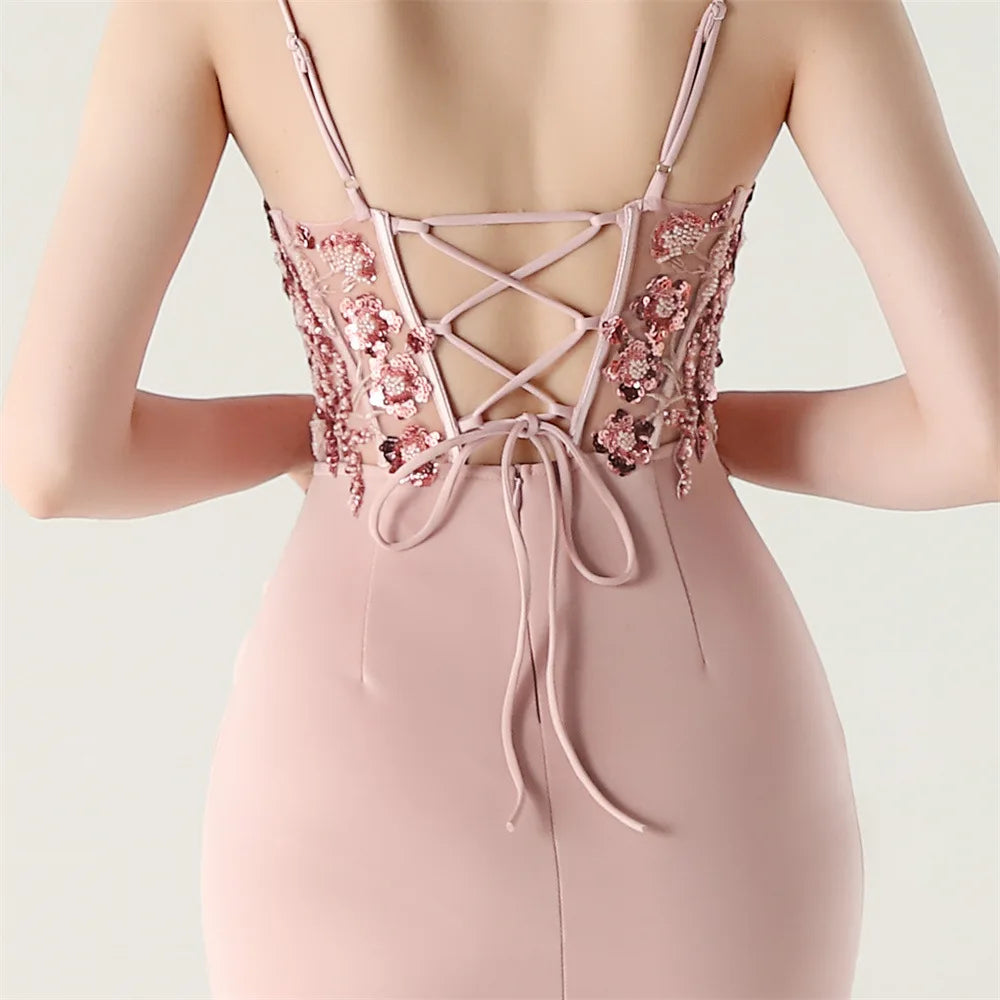 DEERVEADO Elegant Mermaid Strap Soft Satin Evening Dress with Sequins Women&