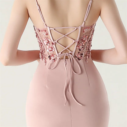 DEERVEADO Elegant Mermaid Strap Soft Satin Evening Dress with Sequins Women&